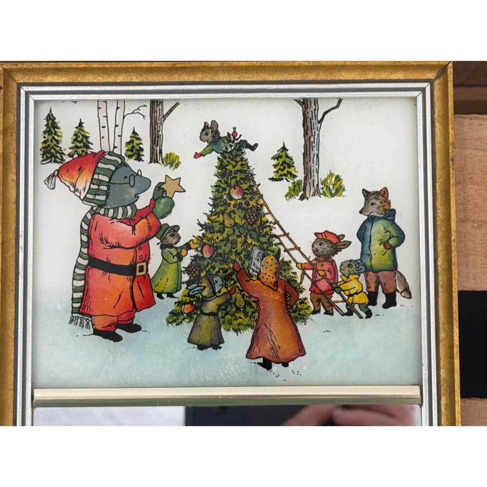 Eglomise Designs of Boston Reverse Glass Painted Christmas Mirror Animal Scene